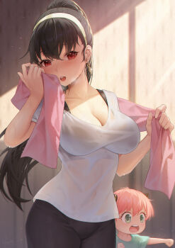 2girls :o anya_(spy_x_family) aqua_shirt black_hair black_pants blush breasts child cleavage covered_navel cowboy_shot earrings exercising gold_earrings green_eyes hairband hayate_(leaf98k) highres holding holding_towel jewelry large_breasts long_hair looking_at_viewer mother_and_daughter multiple_girls nervous_sweating open_mouth pants pink_hair ponytail punching red_eyes see-through_clothes see-through_shirt shirt spy_x_family sweat towel towel_around_neck very_sweaty wet wet_clothes wet_shirt white_hairband wiping_sweat yor_briar