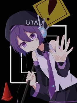 1girl bare_shoulders beret black_background black_hat black_skirt black_sleeves closed_mouth collared_shirt commentary detached_sleeves double-parted_bangs hair_between_eyes hat headphones highres holding holding_road_sign koronba miniskirt necktie purple_eyes purple_hair purple_necktie purple_trim road_sign shirt short_hair sign skirt sleeveless sleeveless_shirt tie_clip traffic_cone utane_uta utau very_short_hair warning_sign white_shirt yatsume_ana youguret37