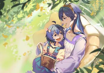 2girls :d aged_down ahoge blue_dress blue_eyes blue_hair book bow chair child dress fang female_morgan_(fire_emblem) fire_emblem fire_emblem_awakening from_above hair_bow highres holding holding_book long_hair long_sleeves looking_at_another lucina_(fire_emblem) mother&#039;s_day mother_and_daughter multiple_girls nintendo on_chair open_book open_mouth pink_bow purple_dress reading shirt short_hair sitting skin_fang smile tiara tongue white_shirt yusi_vishnu