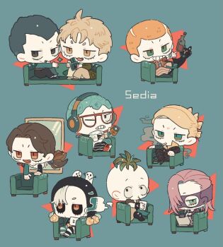 6+boys :3 black_cat black_hair black_hood black_jacket black_nails black_pants black_sclera blindfold blonde_hair blue_background blue_hair blue_shirt bottle brown_eyes brown_hair cat chair chibi chibi_only cigarette closed_mouth colored_blindfold colored_sclera computer cosmetics crossed_legs cup curtained_hair digital_media_player drinking drinking_straw fang formaggio full_body gelato_(jojo) ghiaccio glasses green_eyes green_hair grin hair_over_one_eye headphones holding holding_cup illuso italian_text jacket jojo_no_kimyou_na_bouken laptop long_sleeves looking_at_viewer male_focus melone metallica_(stand) mirror multiple_boys nail_polish nail_polish_bottle one_eye_closed open_clothes open_jacket open_mouth orange_hair pants pesci pink_hair prosciutto_(jojo) quad_tails red-framed_eyewear red_eyes red_jacket red_shoes risotto_nero shinoru_all shirt shoes short_hair simple_background sitting smile smoking sorbet_(jojo) striped_clothes striped_pants through_medium through_mirror translation_request vento_aureo very_short_hair white_hair widow&#039;s_peak