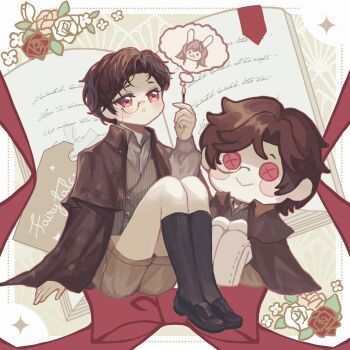 1boy :o absurdres aged_down andersen&#039;s_fairy_tales arm_support black_shoes black_socks blush book bookmark border bow brown_cape brown_hair brown_shorts brown_vest cape character_doll chinese_commentary collared_cape collared_shirt curtained_hair doll flower full_body grey_shirt hand_up highres holding holding_matchstick kneehighs knees_up light_and_night_love little_match_girl loafers long_sleeves looking_at_object lu_chen male_focus matches monocle open_book outside_border parted_bangs pinstripe_pattern pinstripe_vest protagonist_(light_and_night_love) red_bow red_eyes red_flower red_ribbon red_rose ribbon rose shirt shoes short_hair shorts sitting snow234 socks solo speech_bubble thought_bubble vest white_border white_flower white_rose