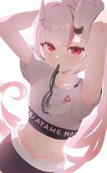 Rule 34 | absurdres, collarbone, commentary request, hair between eyes, highres, hololive, horn ornament, horns, long hair, looking at viewer, midriff, mk haku, multicolored hair, nakiri ayame, navel, oni, red eyes, red hair, simple background, skin-covered horns, virtual youtuber, white hair