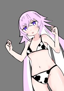 1girl absurdres animal_print bikini clenched_hands cow_print cow_print_bikini grimms_notes hands_up highres kurahutooniki magic_mirror_(grimms_notes) navel parted_lips print_bikini purple_eyes purple_hair solo standing swimsuit teeth upper_teeth_only