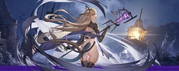 1girl absurdres arknights ass bird black_gloves black_pantyhose black_thighhighs blonde_hair breasts commentary_request gloves hair_spread_out highres holding holding_staff indigo_(arknights) knight_fault lighthouse long_hair night no_panties pantyhose pointy_ears purple_eyes pussy rock ruins shrug_(clothing) snake_girl snake_tail staff tail thighhighs uncensored very_long_hair water waves