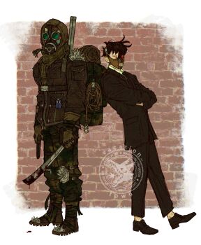 1boy 1other ambiguous_gender backpack bag belt black_hair black_jacket black_necktie black_vest blood bloody_weapon boots collared_shirt combat_boots covered_face covered_mouth crossed_arms crossover facing_viewer gas_mask gun handgun highres holding holding_gun holding_machete holding_weapon hood hood_up jacket kim_dokja knee_pads knee_spikes leaning_on_person looking_at_viewer mask necktie no_i'm_not_a_human omniscient_reader's_viewpoint partially_shaded_face red_eyes rope scarf shirt short_hair shotgun shoulder_pads shoulder_spikes spikes vacation_town vest weapon white_shirt yoo_joonghyuk