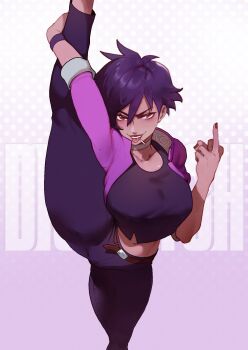 1girl alternate_breast_size_(larger) black_hair breasts brown_eyes commentary dark-skinned_female dark_skin dispatch english_commentary highres invisigal_(dispatch) large_breasts long_sleeves looking_at_viewer middle_finger nyantcha shirt short_hair tan thick_thighs thighs tongue tongue_out