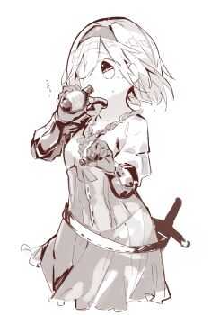 1girl belt blush breasts cloneko_(zelmeledf2) collarbone djeeta_(granblue_fantasy) drink drinking female_focus flask frilled_shirt frills gloves granblue_fantasy greyscale hairband hands_up highres holding holding_flask japanese_text light_blush miniskirt monochrome nose_blush one_eye_closed potion shirt short_hair sidelocks simple_background sketch skirt small_breasts solo standing sweat sword translation_request vambraces weapon white_background