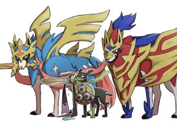 aegislash animal_focus armor commentary_request dog gen_6_pokemon gen_8_pokemon highres holding holding_shield holding_sword holding_weapon legendary_pokemon mouth_hold nintendo no_humans one-eyed pokemon pokemon_(creature) purple_eyes shield standing sword tears weapon yellow_eyes zacian zacian_(crowned) zamazenta zamazenta_(crowned) zuzu_(ywpd8853) zygarde zygarde_(10)