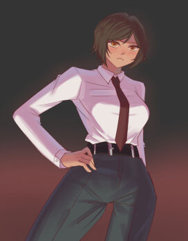 1girl asu_0602 belt brown_hair collared_shirt cowboy_shot dark-skinned_female dark_skin gradient_background hand_on_own_hip highres limbus_company necktie outis_(project_moon) project_moon shirt short_hair solo standing strip_game white_shirt yellow_eyes