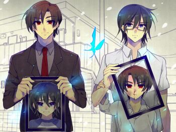 Rule 34 | 4boys, black jacket, blood, blue butterfly, blue eyes, boku dake ga inai machi, bug, butterfly, collared shirt, commentary request, dual persona, empty picture frame, fujinuma satoru, grey shirt, holding another's wrist, insect, jacket, male focus, monochrome background, multiple boys, necktie, nosebleed, picture frame, raglan sleeves, rectangular eyewear, red eyes, red necktie, semi-rimless eyewear, shiroto iku, shirt, short hair, time paradox, white shirt, yashiro gaku