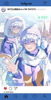 2boys closed_mouth commentary earmuffs fur_trim hood hood_up house instagram jacket long_sleeves looking_at_viewer male_focus messy_hair multiple_boys open_mouth orange3425 outdoors paradox_live recording scarf siblings smile symbol-only_commentary teeth yatonokami_kanata yatonokami_nayuta