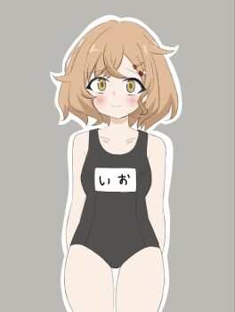 1girl arms_at_sides assault_lily black_one-piece_swimsuit blush breasts brown_eyes brown_hair closed_mouth collarbone commentary_request cowboy_shot crossed_bangs grey_background hair_ornament hairclip heart heart_hair_ornament highres kuwata_io looking_at_viewer medium_hair name_tag one-piece_swimsuit raised_eyebrows school_swimsuit simple_background small_breasts smile solo standing swimsuit unu_(yayoinoasagohan)