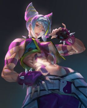 1girl abs absurdres alternate_color bracelet breasts candy collar crop_top fingerless_gloves food from_below gloves grey_hair hair_horns han_juri highres holding holding_candy holding_food holding_lollipop jewelry large_breasts lollipop looking_at_viewer midriff muscular muscular_female navel official_alternate_color open_mouth pants sieru solo spiked_bracelet spiked_collar spikes street_fighter street_fighter_6