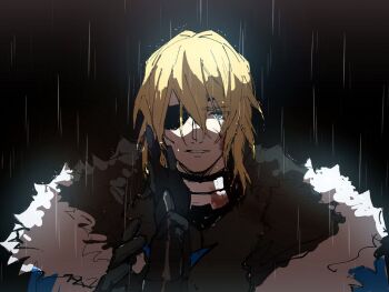 1boy black_background black_fur blonde_hair blood blood_on_clothes blue_cape blue_eyes byleth_(fire_emblem) cape commentary_request dimitri_alexandre_blaiddyd dimitri_alexandre_blaiddyd_(timeskip) eyepatch female_byleth_(fire_emblem) fire_emblem fire_emblem:_three_houses fur_trim hair_between_eyes hand_on_another's_face jionghai looking_at_viewer medium_hair nintendo one_eye_covered out_of_frame parted_lips rain sketch solo_focus straight-on upper_body wet wet_clothes wet_hair white_fur