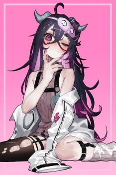 1boy absurdres ahoge arm_between_legs asymmetrical_legwear bare_shoulders beryl_beru black_hair black_thighhighs brown_sweater chest_harness closed_mouth colored_inner_hair crossed_bangs ekrea_jan eye_mask feet_out_of_frame grey_horns hair_between_eyes hair_on_horn hair_ornament hand_on_own_chin harness highres horns indie_virtual_youtuber jacket jacket_partially_removed legwear_garter letter_hair_ornament long_hair long_sleeves looking_at_viewer mask mask_on_head multicolored_hair on_floor one_eye_closed open_clothes open_jacket pink_background pink_hair pink_nails purple_eyes ribbed_socks single_sock single_thighhigh sitting sleeveless sleeveless_sweater smile socks solo streaked_hair sweater thick_eyebrows thighhighs torn_clothes torn_sweater torn_thighhighs trap turtleneck turtleneck_sweater uneven_legwear very_long_hair virtual_youtuber wariza white_jacket white_socks