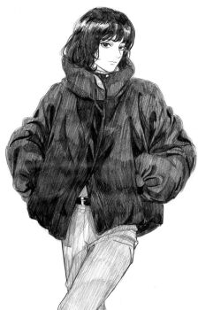 1girl androgynous belt commentary_request con_con_017 cowboy greyscale hands_in_pockets high_collar jacket knee_up long_sleeves looking_at_viewer monochrome original pants short_hair simple_background sketch solo standing western