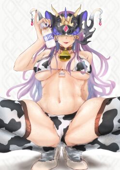 1girl animal_print artist_request bikini breasts chaos_haltiere_(grimms_notes) cow_print cow_print_bikini grimms_notes helmet highres large_breasts print_bikini solo source_request squatting swimsuit