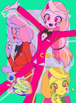 1girl :d \o/ absurdres arms_up black_bow black_bowtie black_nails blonde_hair border bow bowtie character_name charlie_morningstar checkered_background circle_facial_mark colored_sclera colored_skin commentary_request cowboy_shot fangs feet_out_of_frame fewer_digits film_grain green_border grey_background halftone halftone_background hazbin_hotel hellaverse highres interlocked_fingers jacket lapels long_hair looking_ahead low-tied_long_hair menma_(enaic31) multiple_views nail_polish no_pupils notched_lapels open_mouth outline outside_border outstretched_arms own_hands_clasped own_hands_together pants pink_outline pleading_eyes portrait profile purple_background red_eyes red_jacket red_pants shirt signature simple_background smile sparkle speech_bubble squiggle standing swept_bangs tareme teeth thought_bubble tongue traditional_bowtie two-tone_background very_long_hair watermark white_shirt white_skin yellow_sclera