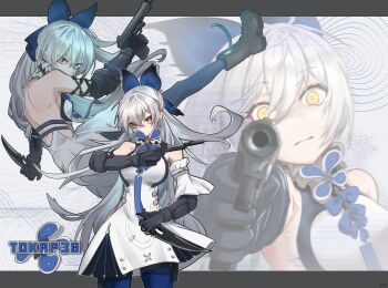 1girl absurdres aiming aiming_at_viewer black_gloves blue_bow bow bright_pupils character_name chinese_commentary commentary_request dress finger_on_trigger girls&#039;_frontline gloves gun hair_bow handgun highres holding holding_knife knife long_hair looking_at_viewer lotan multiple_views red_eyes suppressor tokarev_(girls&#039;_frontline) tokarev_(mod3)_(girls&#039;_frontline) tokarev_tt-33 trigger_discipline weapon white_dress white_hair white_pupils yellow_eyes