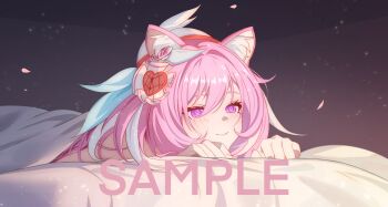 1girl animal_ear_fluff animal_ears beret cat_ears chinese_commentary commentary_request diamond-shaped_pupils diamond_(shape) elysia_(hi_love_elf)_(honkai_impact) elysia_(honkai_impact) euzh266 falling_petals hat highres honkai_(series) honkai_impact_3rd long_hair multicolored_hair petals pink_hair purple_eyes sample_watermark smile solo symbol-shaped_pupils two-tone_hair under_covers very_long_hair watermark white_hair