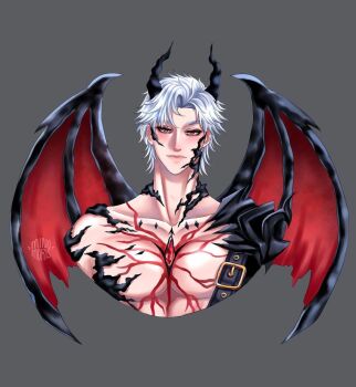 Rule 34 | 1boy, belt, black belt, blush, body markings, closed mouth, collarbone, dragon boy, dragon horns, dragon wings, grey background, horns, lips, looking at viewer, love and deepspace, male focus, minomoris, no nose, non-web source, official alternate costume, parted bangs, pectorals, red eyes, short hair, simple background, solo, sylus (love and deepspace), white hair, wings
