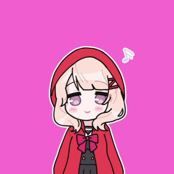 Rule 34 | 1girl, black serafuku, black shirt, black skirt, blonde hair, blunt bangs, blush stickers, bow, bowtie, closed mouth, commentary request, cowboy shot, deformed, habsida (habsida hpy), hair ornament, hands up, hood, hood up, hooded jacket, jacket, korean commentary, long sleeves, looking at viewer, medium hair, musical note, open clothes, open jacket, outline, parted bangs, pink background, pleated skirt, purple eyes, red bow, red bowtie, red jacket, rinmeikan girls school uniform, sailor collar, school uniform, serafuku, shirt, shoujo kageki revue starlight, shoujo kageki revue starlight -re live-, simple background, sixteenth note, skirt, smile, solo, straight-on, tanaka yuyuko, white outline, white sailor collar