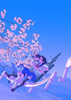 2girls absurdres black_hair black_thighhighs blue_hair blue_sailor_collar blue_skirt blue_sky blue_theme bow bowtie branch chain-link_fence commentary_request crying disintegration dying eye_contact fence flower full_body guard_rail highres kneehighs lazool_721 looking_at_another multiple_girls no_shoes original outdoors parted_lips pleated_skirt red_bow red_bowtie sailor_collar school_uniform serafuku shirt short_hair short_sleeves skirt sky socks surreal thighhighs white_flower white_shirt white_socks