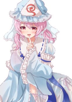 1girl alternate_hairstyle blush breasts commentary_request dress frills guchadoro hat highres japanese_clothes kimono large_breasts long_hair long_sleeves looking_at_viewer mob_cap open_mouth pink_eyes pink_hair red_eyes ribbon saigyouji_yuyuko short_hair side_slit smile solo touhou triangular_headpiece twintails wide_sleeves