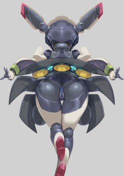 1girl android anus ass cleft_of_venus dia_(world_flipper) female_focus from_behind grey_background highres humanoid_robot pochincoff puckered_anus pussy robot simple_background solo thigh_gap thighs world_flipper