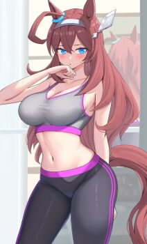 1girl ahoge animal_ears black_pants blue_eyes blush breasts brown_hair cleavage collarbone commentary_request commission cowboy_shot ear_ornament grey_hairband grey_sports_bra hair_between_eyes hair_ornament hairband horse_ears horse_girl horse_tail huge_ahoge large_breasts long_hair looking_at_viewer mihono_bourbon_(umamusume) mirror navel pants reflection skeb_commission solo sports_bra standing stomach tail take978733141 umamusume yoga_pants
