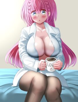 1girl aqua_eyes bed blue_eyes blush bokutachi_wa_benkyou_ga_dekinai breasts cleavage coffee coffee_mug collarbone cup gu~derenko highres holding holding_cup indoors jewelry kirisu_mafuyu large_breasts long_hair mug necklace no_bra on_bed open_clothes open_mouth pantyhose pink_hair shirt simple_background sitting solo
