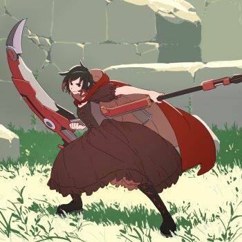 1girl 55bata6rou black_boots black_dress black_hair boots cape crescent_rose dress frilled_dress frills full_body grass highres holding holding_scythe holding_weapon looking_at_viewer multicolored_hair outdoors red_cape red_hair ruby_rose rwby scythe short_hair solo weapon
