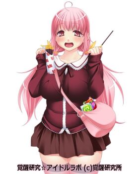 1girl asakura_sakura breasts candy female_focus food huge_breasts long_hair object_between_breasts pink_eyes pink_hair plump pocky simple_background skirt solo thighs twintails white_background