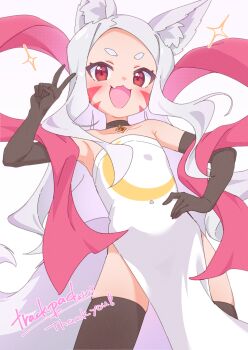 Rule 34 | 1girl, :3, :d, animal ear fluff, animal ears, black gloves, black thighhighs, blush, commission, commissioner name, cowboy shot, crescent print, dress, elbow gloves, facial mark, fang, fox ears, fox girl, fox tail, gloves, hand on own hip, highres, jigatei (omijin), long hair, looking at viewer, open mouth, red eyes, red shawl, sarong, second-party source, sewayaki kitsune no senko-san, shawl, shiro (sewayaki kitsune no senko-san), short eyebrows, skeb commission, skin fang, skindentation, smile, sparkle, standing, strapless, strapless dress, tail, thank you, thick eyebrows, thighhighs, v, whisker markings, white background, white hair