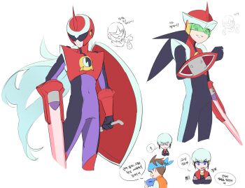 4boys absurdres arm_blade armor assault_visor black_bodysuit black_hair bodysuit double_soul_(mega_man) energy_sword eugene_chaud_(mega_man) green-tinted_eyewear helmet highres in-franchise_crossover jinsu_exe lan_hikari_(mega_man) long_hair male_focus mega_man_(series) mega_man_battle_network_(series) megaman.exe missing_commentary multiple_boys netnavi protoman.exe red_armor red_helmet sword tinted_eyewear weapon white_hair