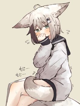 1girl animal_ears between_legs black_hair black_sailor_collar blush closed_mouth commentary_request fidgeting flying_sweatdrops fox_ears fox_girl fox_tail green_eyes grey_hair hair_ornament hairclip hand_between_legs have_to_pee highres kuon_(meguru_1225) long_sleeves looking_at_viewer meguru_1225 original parallel_hairclips sailor_collar sailor_shirt shirt short_hair simple_background sitting solo tail trembling white_shirt