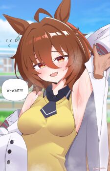 1boy 1girl absurdres agnes_tachyon_(tach-nology)_(umamusume) agnes_tachyon_(umamusume) ahoge animal_ears arm_up armpit_focus armpit_lips armpits blurry blurry_background blush brown_eyes brown_hair commentary disembodied_hand english_commentary fence highres horse_ears horse_girl horse_racing_track lab_coat looking_at_viewer n2o necktie open_mouth outdoors short_hair sky steaming_body sweat sweater_vest tracen_academy twitter_username umamusume upper_body yellow_sweater_vest