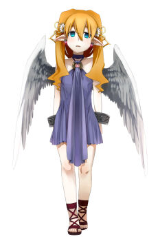 Rule 34 | 1girl, angel, angel wings, bare shoulders, blonde hair, blue eyes, dress, earrings, female focus, hair ornament, jewelry, long hair, nemeko, open mouth, original, pointy ears, sandals, solo, wings