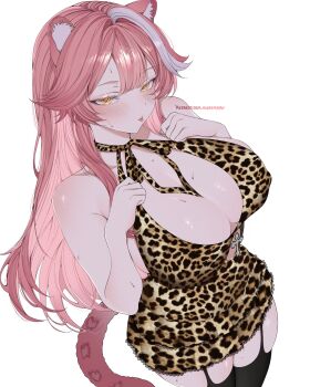1girl :p animal_ears animal_print bare_shoulders blush breasts brown_dress closed_mouth collarbone cross dress garter_straps highres hololive hololive_english huge_breasts leopard_print long_hair multicolored_hair nyanyaqwi panther_ears panther_girl panther_tail pink_hair raora_panthera simple_background solo streaked_hair sweat tail thighhighs thighs tongue tongue_out two-tone_hair virtual_youtuber white_hair yellow_eyes