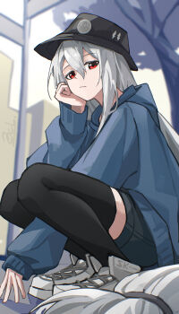 1girl absurdres arknights black_hat black_shorts black_thighhighs blue_hoodie closed_mouth commentary full_body grey_hair grey_shoes hair_between_eyes hat highres hood hood_down hoodie long_hair looking_at_viewer red_eyes shoes shorts single_sleeve_past_wrist skadi_(arknights) sneakers solo squatting thighhighs very_long_hair yagi000
