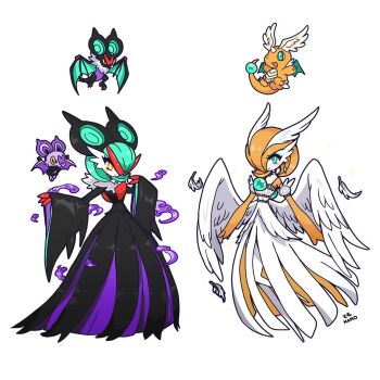 2girls black_dress bob_cut colored_skin dragon dragon_wings dragonite dress feathered_wings feathers fusion gardevoir gen_1_pokemon gen_3_pokemon gen_6_pokemon green_eyes hair_over_one_eye head_wings highres mamobot mega_dragonite multiple_girls nintendo noibat noivern orange_hair orange_skin pokemon pokemon_(creature) simple_background white_background white_dress wide_sleeves wings yellow_eyes