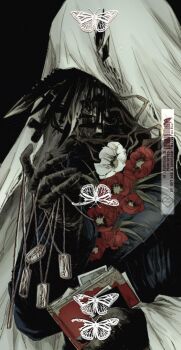 Rule 34 | 1boy, black background, black coat, black gloves, bug, butterfly, charon (reverse:1999), coat, dog tags, flower, gloves, gyujik qzc, hands up, highres, holding, holding dog tags, holding notebook, insect, knife, male focus, notebook, object head, poppy (flower), red flower, reverse:1999, solo, upper body, veil, white flower, white veil