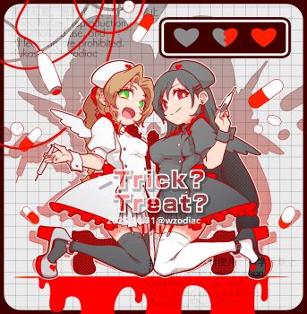 2girls aerith_gainsborough alternate_costume black_dress black_hair black_shoes black_thighhighs black_wings braid braided_ponytail brown_hair closed_mouth commentary_request dress earrings final_fantasy final_fantasy_vii final_fantasy_vii_remake full_body garter_straps green_eyes hair_ornament hairclip halloween halloween_costume hat health_bar heart highres holding holding_syringe holding_thermometer jewelry kneeling long_hair looking_at_viewer multiple_girls nurse nurse_cap open_mouth parted_bangs pill puffy_short_sleeves puffy_sleeves red_eyes rukashio shoes short_sleeves smile syringe thermometer thighhighs tifa_lockhart trick_or_treat white_dress white_shoes white_thighhighs white_wings wings