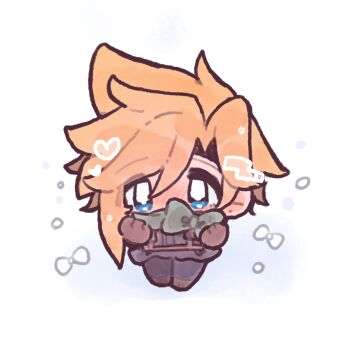 1boy blonde_hair blue_eyes blue_jacket blue_pants blush blym7oym7759061 bow brown_gloves chibi chibi_only cloud_strife commentary covered_mouth crisis_core:_final_fantasy_vii earrings final_fantasy final_fantasy_vii full_body gloves green_ribbon green_scarf heart highres jacket jewelry looking_at_viewer official_alternate_costume pants ribbon scarf shinra_infantry_uniform short_hair simple_background solo spiked_hair standing stud_earrings suspenders symbol-only_commentary
