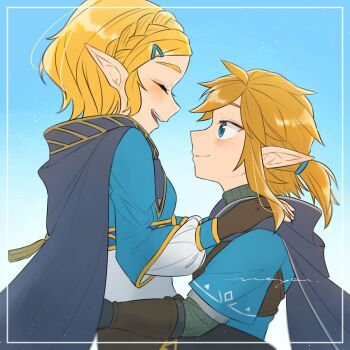 1boy 1girl blonde_hair blue_background blue_cape blue_eyes blue_tunic bob_cut braid brown_gloves cape champion&#039;s_tunic_(zelda) closed_eyes closed_mouth commentary_request crown_braid facing_another fingerless_gloves from_side gloves hair_tie hands_on_another&#039;s_shoulders highres link looking_at_another maya_(mayamayammy) mixed-language_commentary nintendo open_mouth pointy_ears ponytail princess_zelda profile short_hair short_ponytail sidelocks signature smile the_legend_of_zelda the_legend_of_zelda:_tears_of_the_kingdom tunic