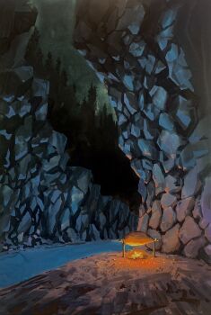 campfire doremifa84 forest from_below highres nature night night_sky original painting_(medium) pine_tree ravine river rock rotisserie scenery shadow sky traditional_media tree water