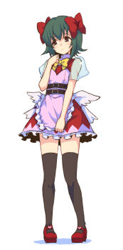 Rule 34 | 1boy, apron, averting eyes, belt, belt buckle, black belt, black thighhighs, bow, bowtie, brown eyes, buckle, closed mouth, commentary request, crossdressing, crossdressing (mtf), dress, fake wings, frilled apron, frilled dress, frills, full body, green hair, hair bow, hand up, highres, low wings, male focus, mary janes, minase itsuki (vs janshi brand-new stars), mini wings, multiple belts, pink apron, red bow, red dress, red shoes, satomura kyou, see-through clothes, see-through sleeves, shoes, short hair, short sleeves, shy, simple background, solo, standing, thighhighs, trap, vs janshi brand-new stars, white background, white wings, wings, yellow bow, yellow bowtie, zettai ryouiki