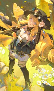 1girl absurdres black_hat blonde_hair blue_eyes blue_gem breasts commentary_request detached_collar detached_sleeves dress flower gem genshin_impact geo_symbol_(genshin_impact) hair_ornament hat highres holding holding_umbrella jewelry large_breasts long_hair looking_at_viewer looking_up matsuo_ringo navia_(genshin_impact) necklace open_mouth outdoors skirt smile solo strapless strapless_dress thighhighs umbrella vision_(genshin_impact) white_skirt yellow_flower zettai_ryouiki