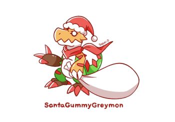 digimon digimon_(creature) greymon gummigoo highres oridigi original santaagumon scarf solo the_amazing_digital_circus v