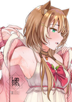 1girl acorn_pendant armpit_focus armpits artist_name ayunda_risu ayunda_risu_(1st_costume) bow bowtie brown_choker brown_hair cardigan choker clothing_cutout commentary dress empire_waist english_commentary from_side fur-trimmed_cardigan fur_choker fur_trim green_eyes hair_ornament hairclip half-closed_eyes highres hololive hololive_indonesia landacdeus leaf_hair_ornament long_hair low_twintails open_mouth patreon_logo patreon_username pink_cardigan red_bow red_bowtie shoulder_cutout simple_background sleeveless sleeveless_dress solo steaming_body sweat twintails twitter_username twitter_x_logo upper_body virtual_youtuber watermark white_background white_dress